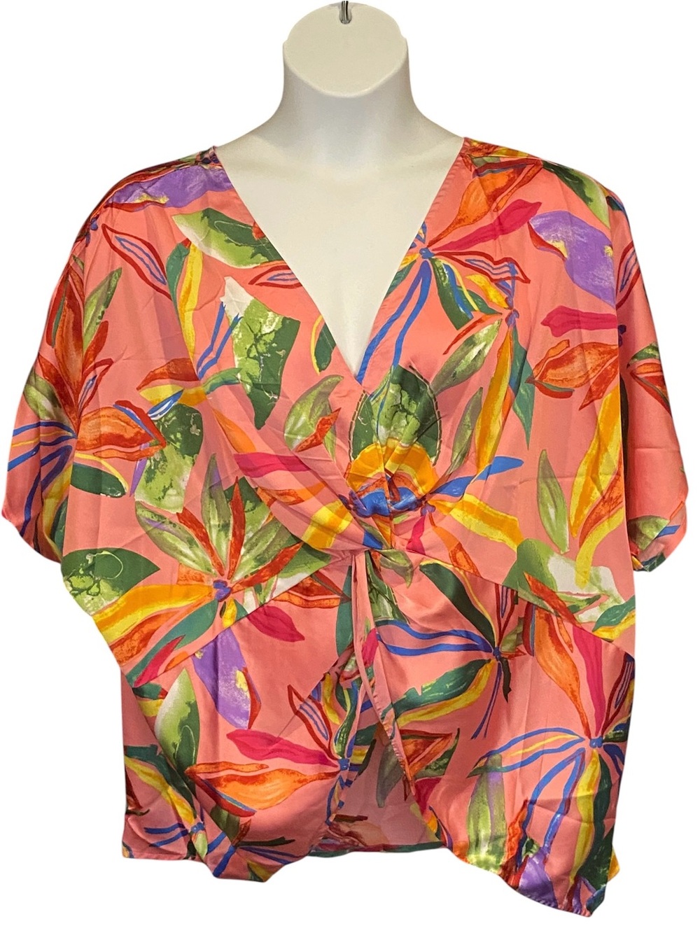 Umgee Boutique Pink Tropical Floral Print Twist Front Blouse Plus Size 1XL NWT